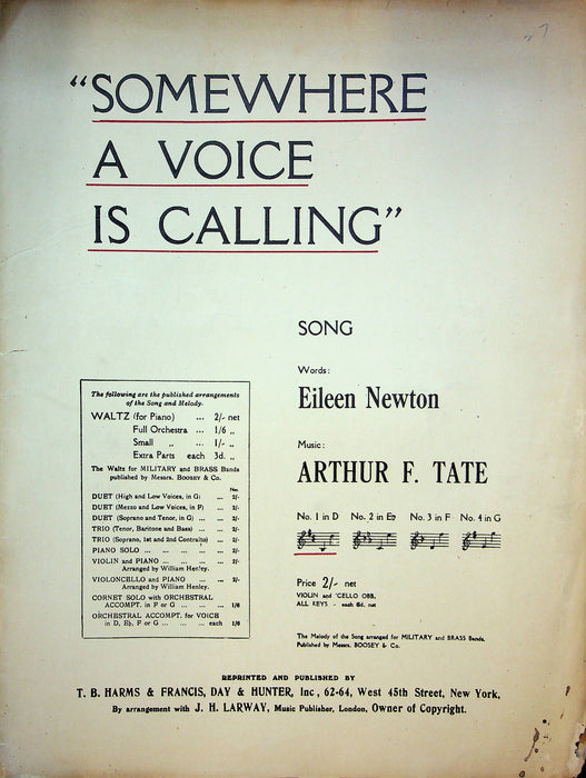 Somewhere A Voice Is Calling Sheet Music Arthur Tate E Newton Piano Vocal 1911 1