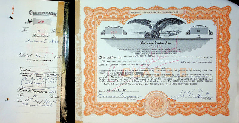 Reiter Dairy Company Stock Certificate Bond Scripophilly Akron Ohio 1965 No 240