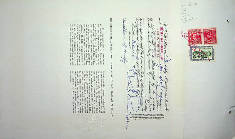 Reiter Dairy Company Stock Certificate Bond Scripophilly Akron Ohio 1966 No 299