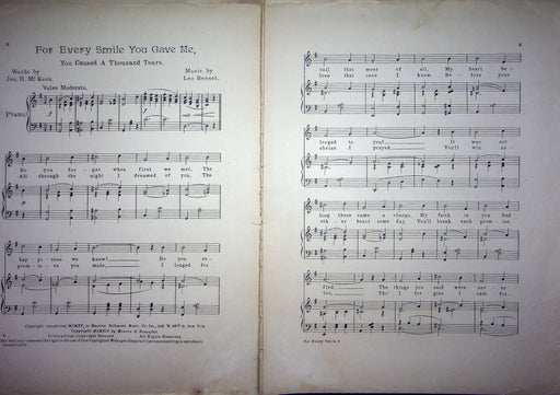 Sheet Music For Every Smile You Gave Me Leo Bennet JH McKeon 1915 Thousand Tears 2