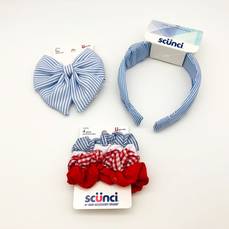 5-Piece Scunci Headband Scrunchies Bow Clip Lot Blue White Stripes Light Summer