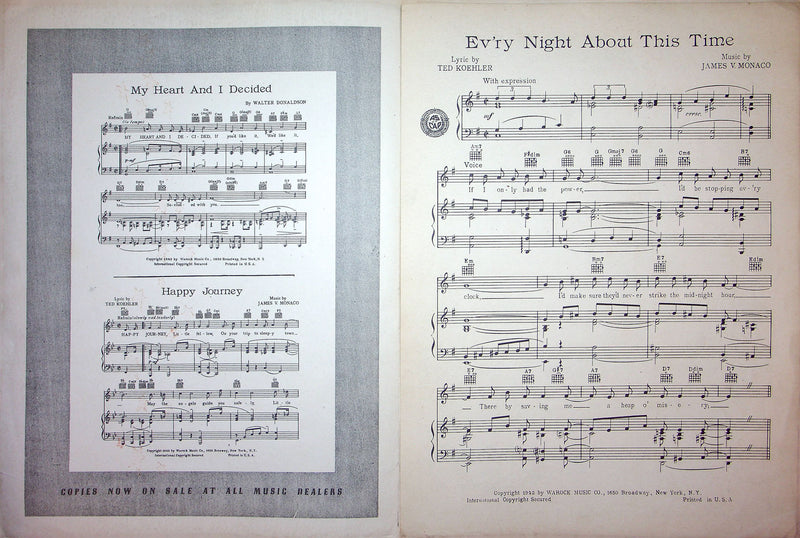 Sheet Music Ev'ry Night About This Time Ted Koehler James Monaco 1942 Warock 2