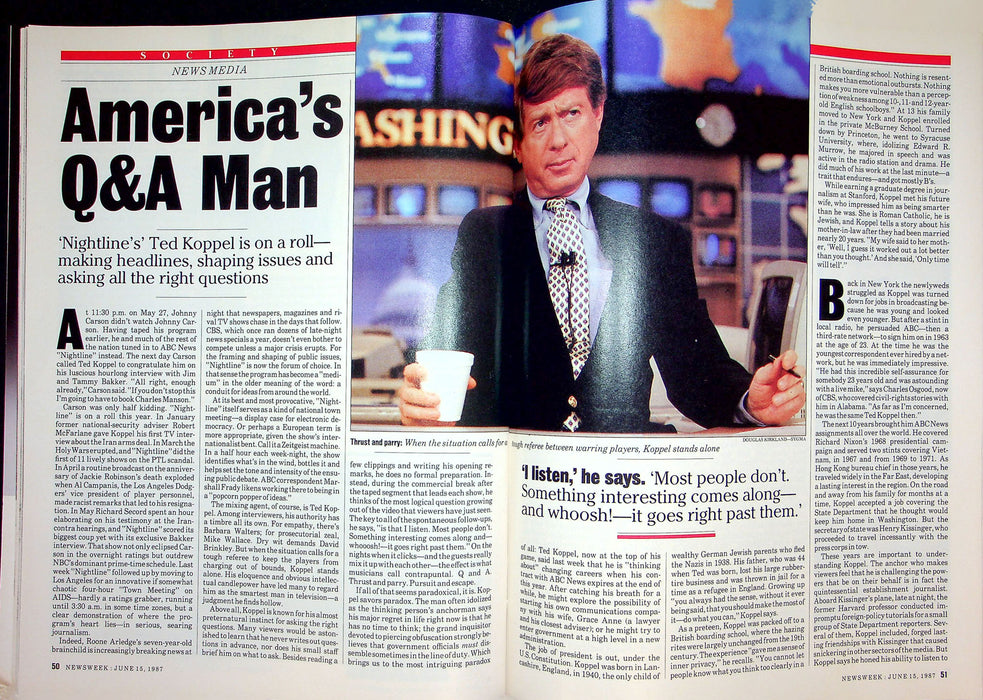 Newsweek Magazine June 15 1987 Nightline Ted Koppel Host Interview Talk Show