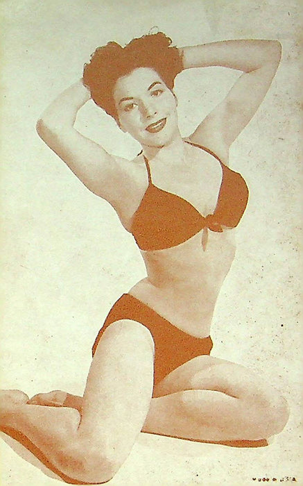 US 50s Pin Up Promo Photo Card Woman Model Bikini Swimsuit Beach Hands On Head 2