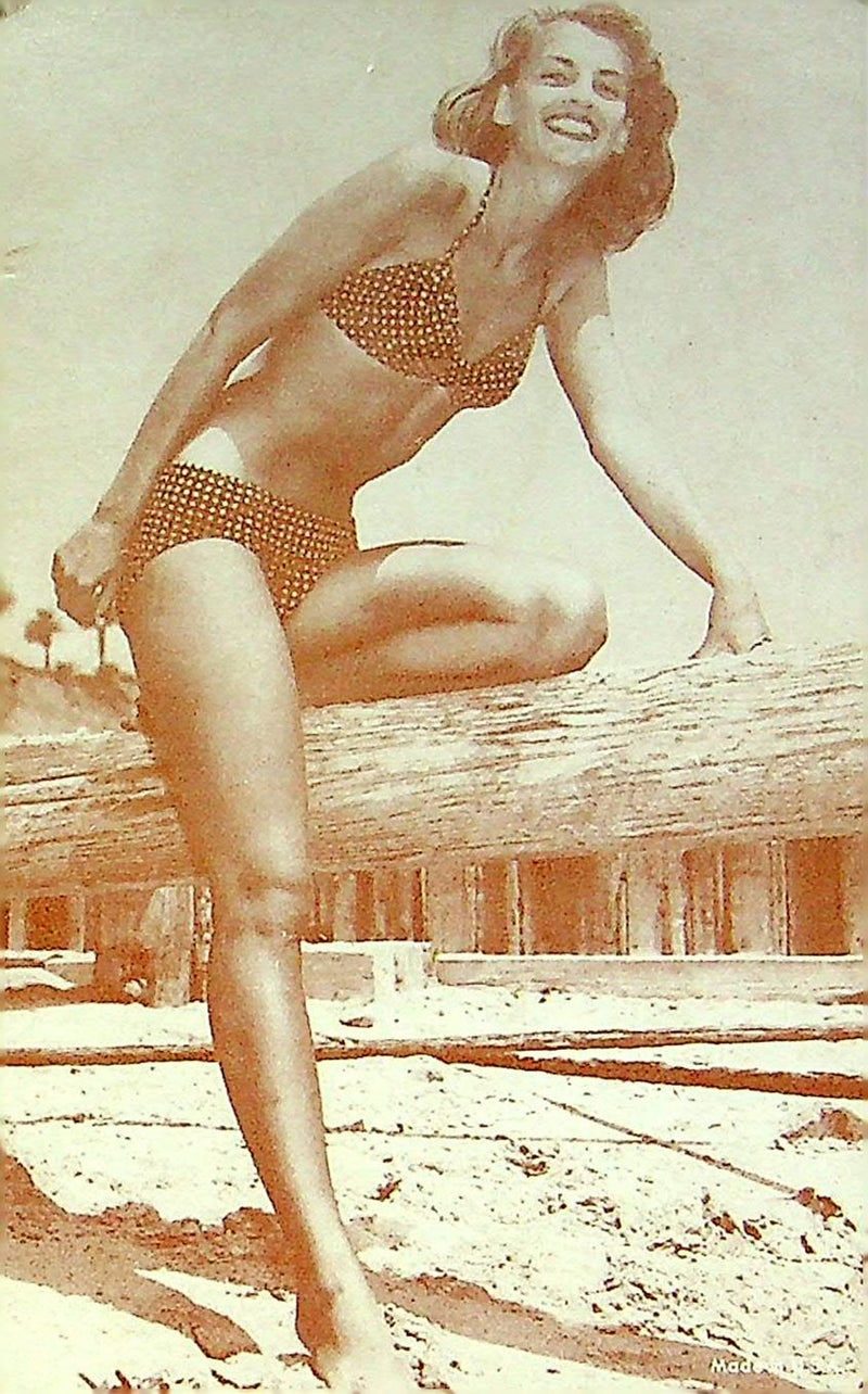 US 50s Pin Up Promo Photo Card Woman Model Bikini Gingham Print Log Driftwood 1