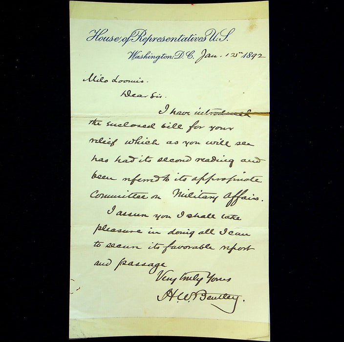 Hand Written Letter House of Representatives US Letterhead Henry W. Bentley 1892