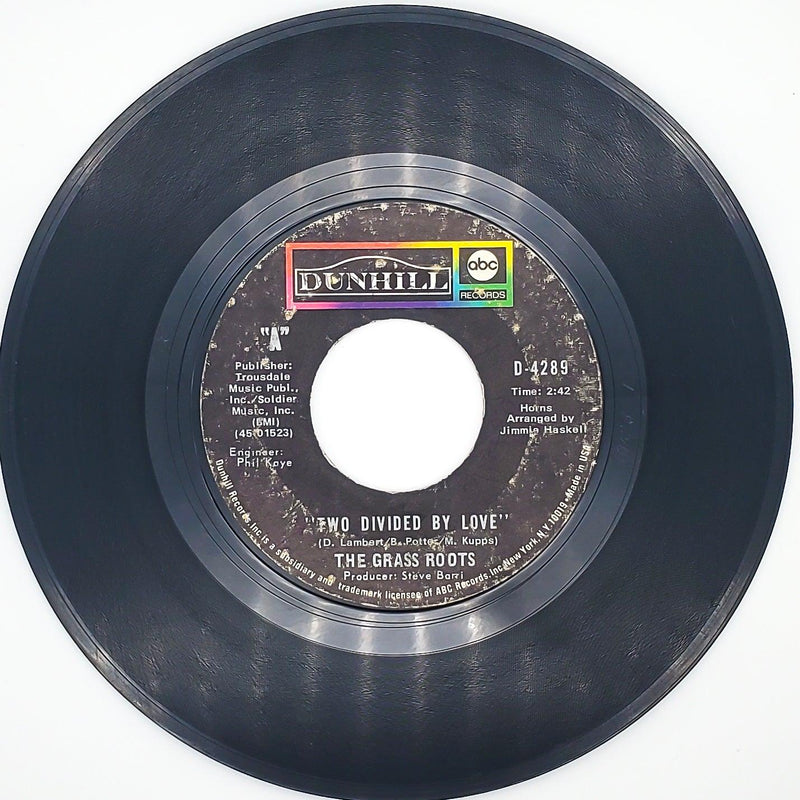 The Grass Roots Two Divided By Love Record 45 RPM Single D-4289 Dunhill 1971 1