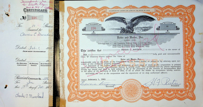 Reiter Dairy Company Stock Certificate Bond Scripophilly Akron Ohio 1965 No 236