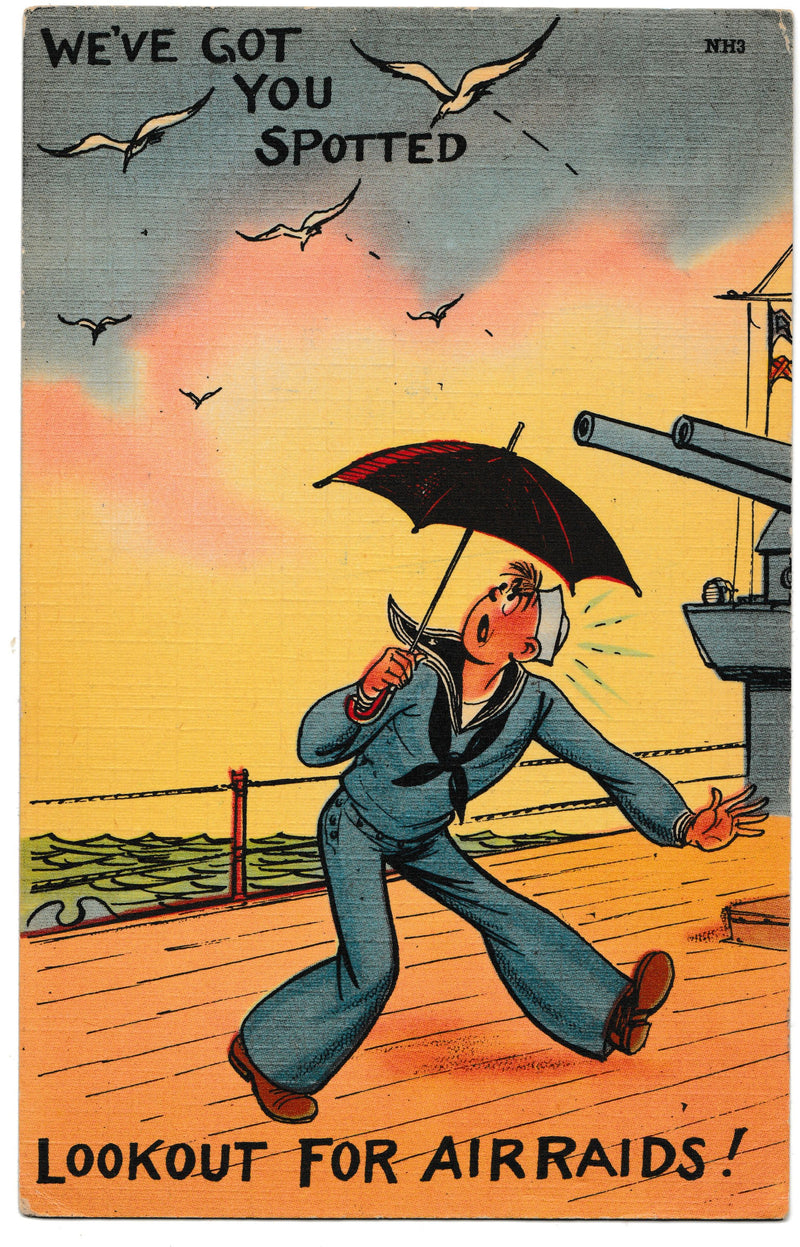 Tichnor Bros Postcard World War 2 1940s USED Navy Comic Lookout for Airraids