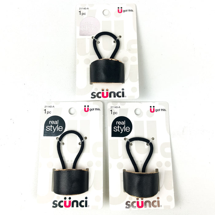 3-PK Scunci Ponytail Holder Faux Leather Dome Plastic Black & Gold Style 21140-A