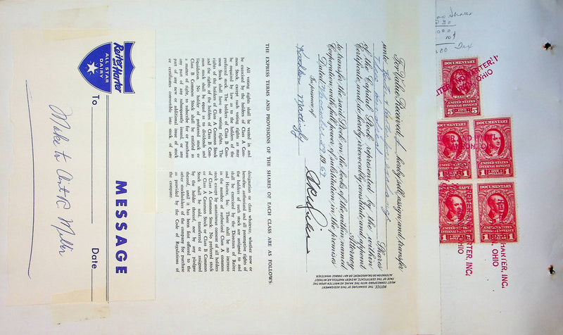 Reiter Dairy Company Stock Certificate Bond Scripophilly Akron Ohio 1965 No 239
