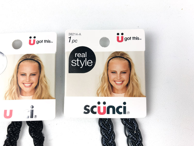 3-PK Scunci Beaded Headwrap Black Silver Metallic Beads Hair Wrap Style 38214-A