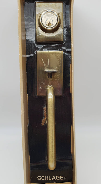 Schlage Door Handleset Grip Antique Brass MCM Style Dummy Trim 11in F158N NOS
