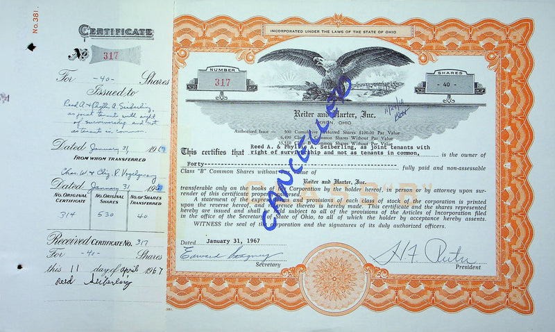 Reiter Dairy Company Stock Certificate Bond Scripophilly Akron Ohio 1967 No 317