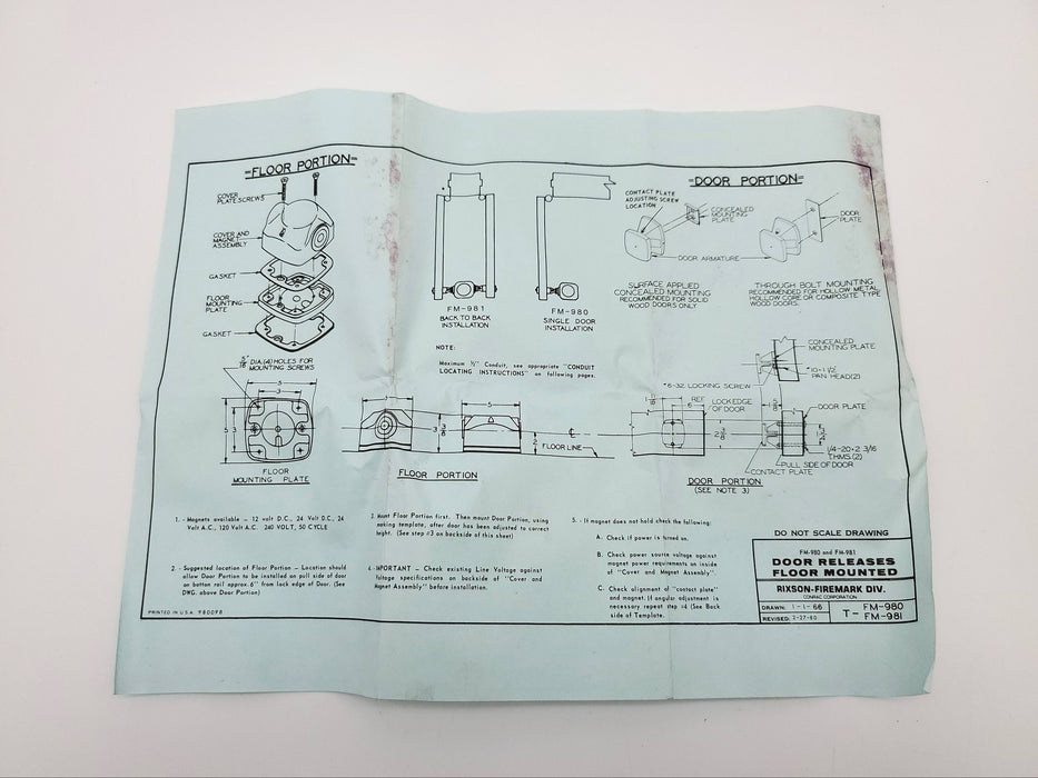 Rixson Magnetic Door Release FM-981 Floor Mounted Dual Door 4-3/4" x 3-1/8" NOS