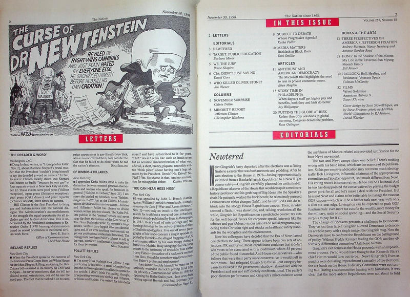 The Nation Magazine November 30 1998 Newt Gingrich Oliver Stone Death Mystery