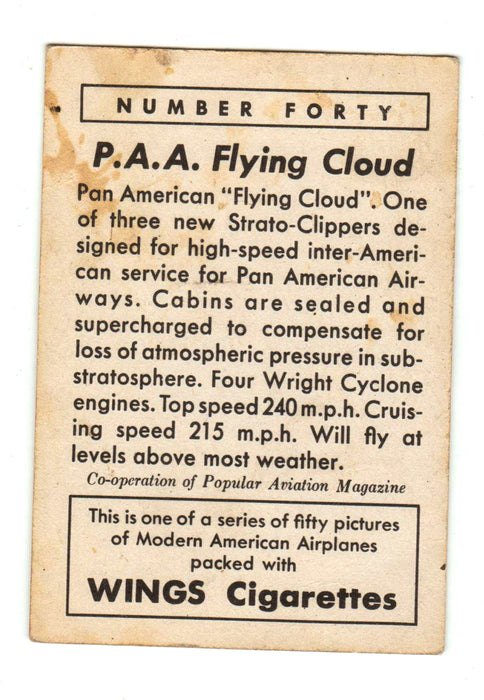 Wings Cigarettes Card #40 Pan American Flying Cloud Airplane No Letter Serie T87 2
