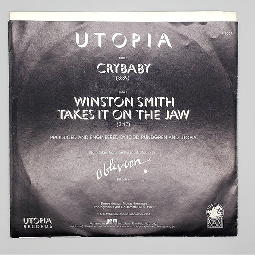 Utopia Crybaby Single Record Passport Records 1984 PS 7923 2