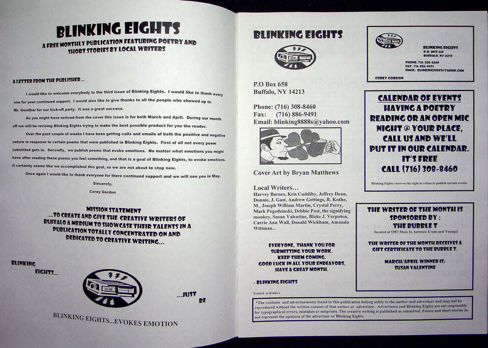 Blinking Eights Magazine Zine March-April 2003 Buffalo NY Writing Local Authors