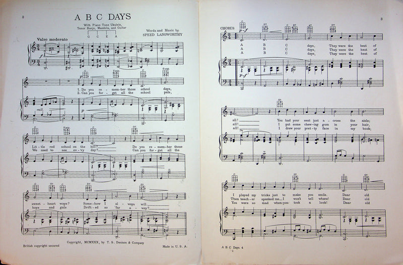 ABC Days Sheet Music Speed Langworthy Vaudeville Song Piano Vocal Chords 1930 3