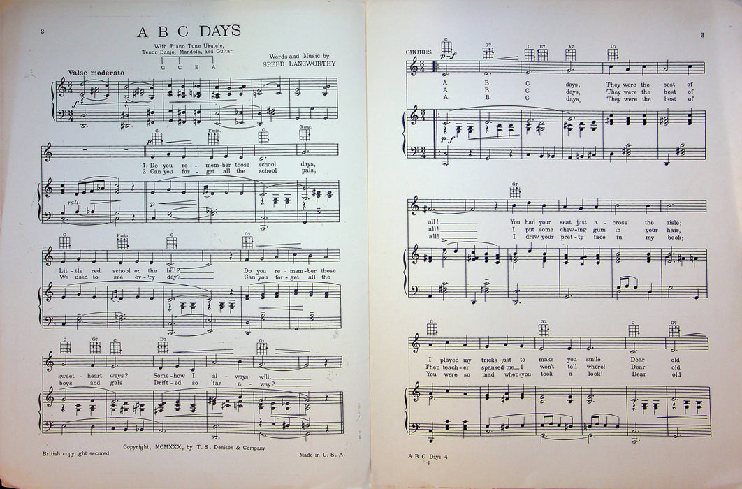 ABC Days Sheet Music Speed Langworthy Vaudeville Song Piano Vocal Chords 1930 3