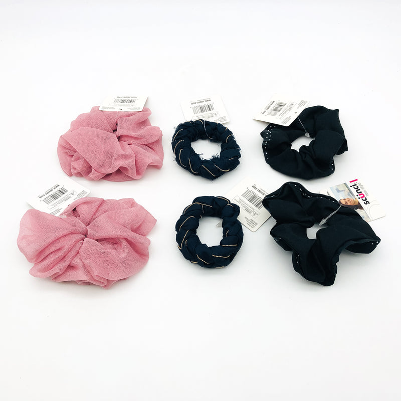 6-Pack Scunci Fashion Scrunchies Hair Ties Pink Blue Black Polka Dots 20333V