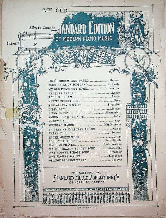 My Old Kentucky Home Vintage Sheet Music Louis A Drumheller Op 62 Piano 1902 1