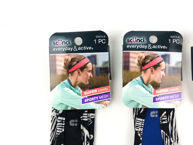 3-PK Scunci Sporty Mesh Headwrap Hair Wrap Comfy Pink Blue Black Style 2047-A