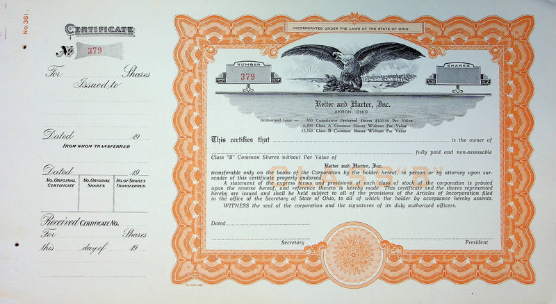 Reiter Dairy Milk Company Common Stock Certificate Shares Original 1960s Blank