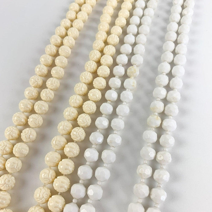 Vintage Long White Faceted & Pressed Design Plastic Bead Necklaces - Lot of 2 5