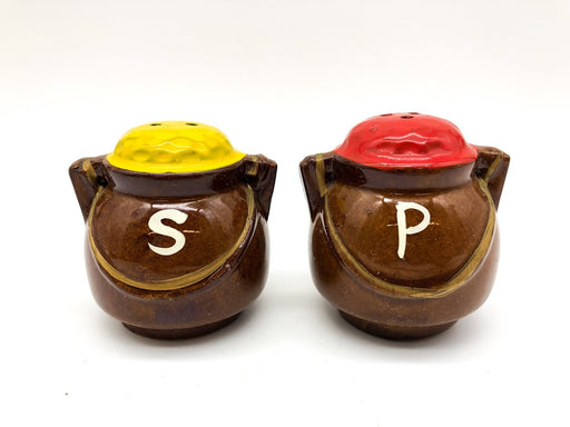 Vintage Jug Crock Handled Salt & Pepper Shakers Ceramic Brown Pot Japan 2.5" 2