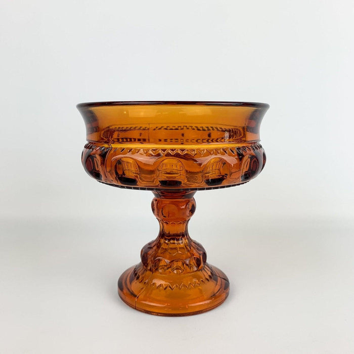 Indiana Glass Compote Candy Dish Kings Crown Amber Orange Pedestal 5.25" Tall 2