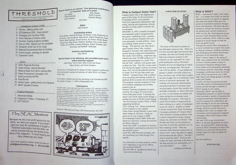 Threshold Magazine Winter 1999 Student Environmental Action Coalition SEAC Green