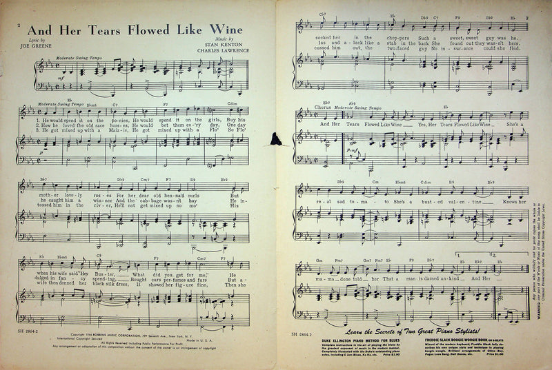 And Her Tears Flowed Like Wine Sheet Music Stan Kenton Charles Lawrence 1944 WW2 2