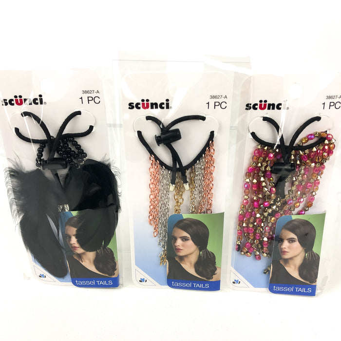 3-PK Scunci Ponytail Tassel Tails Chandelier Faux Feather Beads Style 38627-A