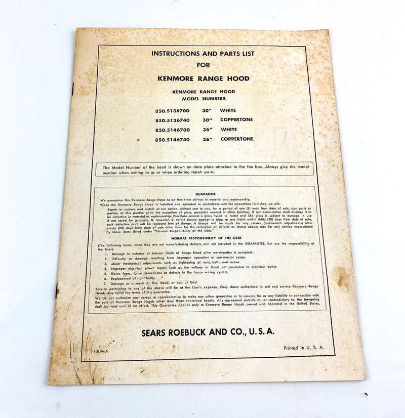 Vintage Sears Roebucks Instructions Parts Manual Kenmore Range Hood 850.5136700