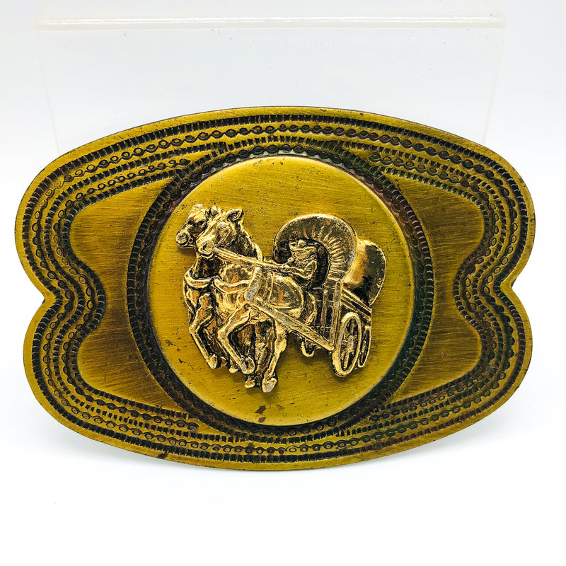 Vintage Brass Wagon Belt Buckle Western Cowboy Pioneer Days Horses 4" Inches
