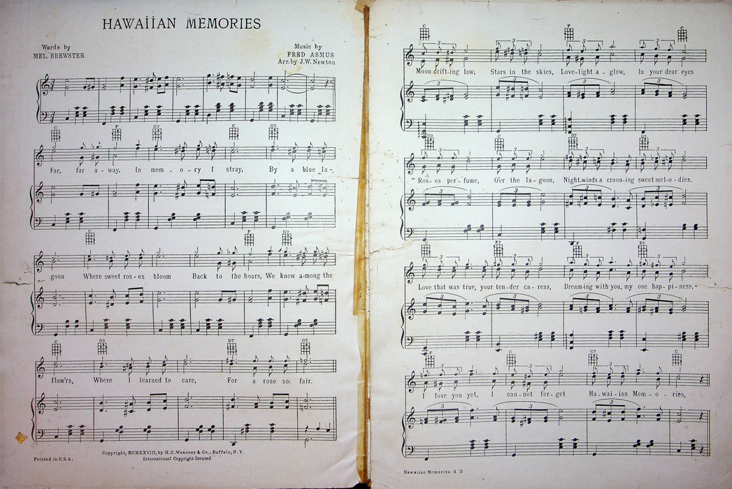 Hawaiian Memories Vintage Sheet Music Piano Vocal Fred Asmus Mel Brewster 1928 2