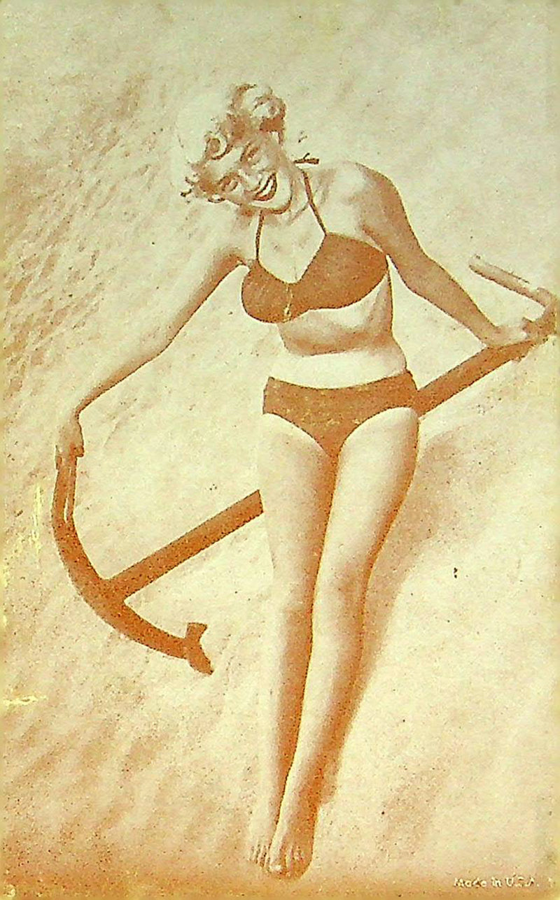 US 50s Pin Up Promo Photo Card Woman Bikini Swimsuit Beach Anchor Military Worn
