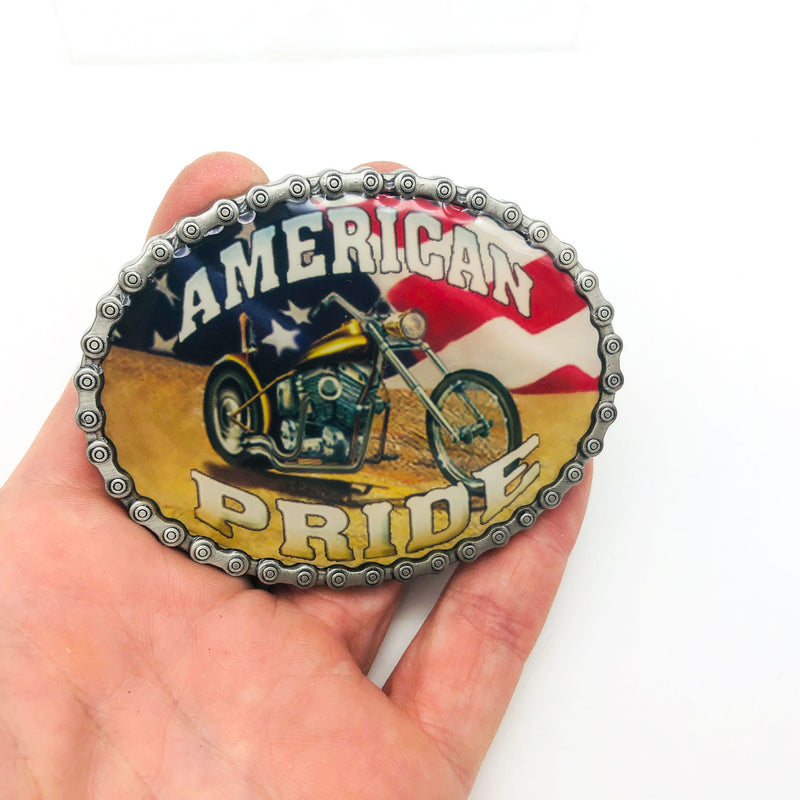 Pewter Belt Buckle V-Twin Power American Pride Motorcycle Biker Flag Eagle Wings