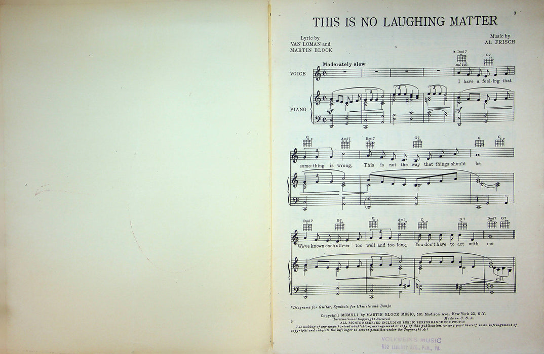 This Is No Laughing Matter Sheet Music Al Frisch Loman Block Piano Vocal 1941 2