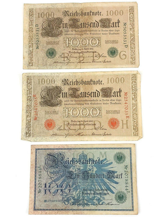 1000 & 100 Mark Reichsbanknote April 1910 Germany WWI Red Green Seals Lot of 3 1