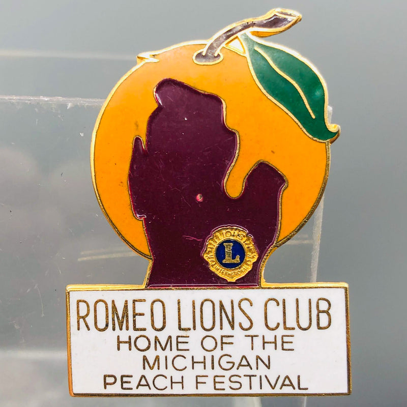 Vintage Romeo Lions Club Lapel Pin Pinback Michigan Peach Festival State Outline