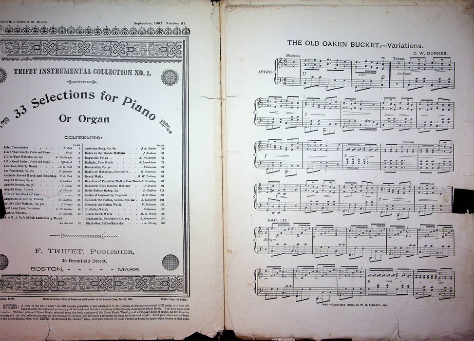 The Old Oaken Bucket Vintage Sheet Music CW Durkee Piano Song 1882 Trifet 2