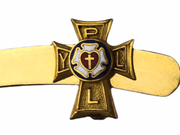 Vintage Holy Cross Filigree Lapel Pin Initials Y. P. L. L. Gold White Red 1