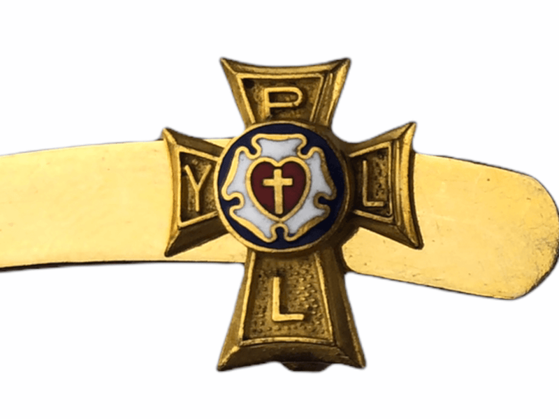 Vintage Holy Cross Filigree Lapel Pin Initials Y. P. L. L. Gold White Red 1