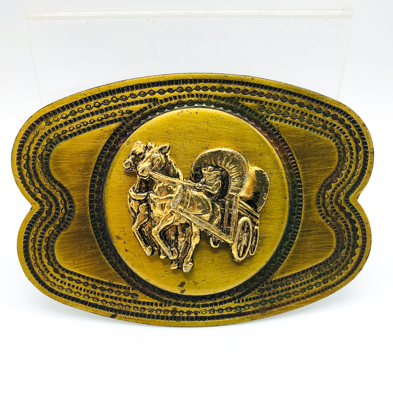 Vintage Brass Wagon Belt Buckle Western Cowboy Pioneer Days Horses 4" Inches