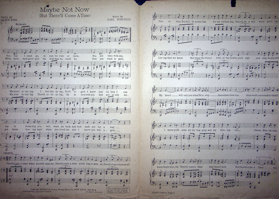 Sheet Music There'll Come A Time Walter King Earl Burtnett 1918 A J Stasny 2