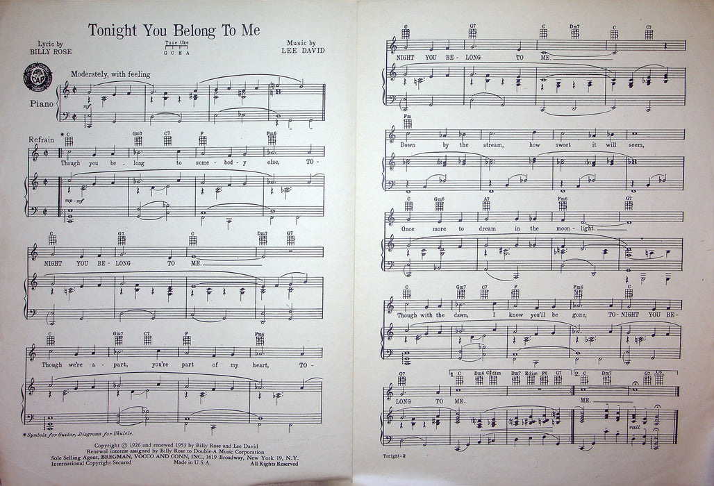 Sheet Music Tonight You Belong To Me Lawrence Welk Billy Rose Lee David 1953 2