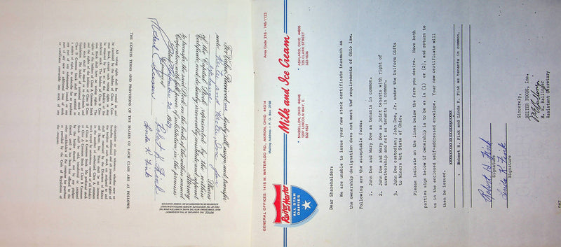 Reiter Dairy Company Stock Certificate Bond Scripophilly Akron Ohio 1965 No 262